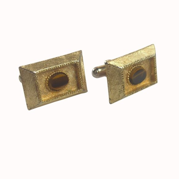 Vintage Mid Century Gold Tone Tigers Eye Rectangular Cufflinks - Picture 3 of 4